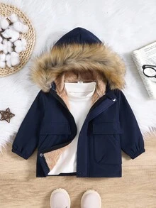 Baby Boy Casual Comfortable Versatile Faux Fur Trim Hooded Jacket, Thermal Lined, Contrast Color Cargo Pockets, Zipper, Mid-Length Winter Coat, Suitable For Home & Outdoor