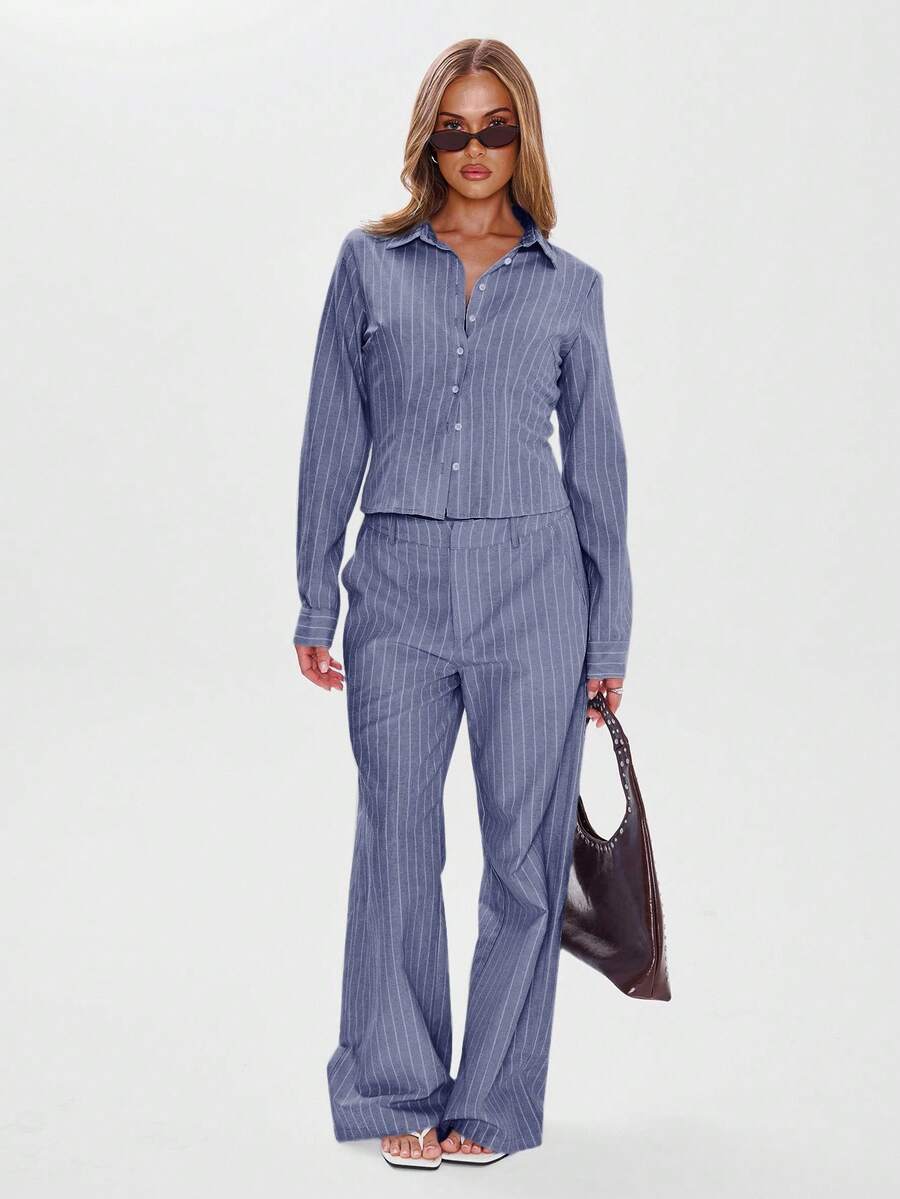 MUSERA 修身中腰细条纹阔腿裤，商务休闲风，复古富贵风，返校季街头服饰，秋季纳什维尔可爱少女风，春夏装扮 - 藍色 - 查看 1