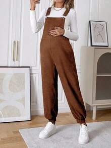 SHEIN Maternity Solid Color Pocket Casual Harem Jumpsuit - Burnt Orange - View 4