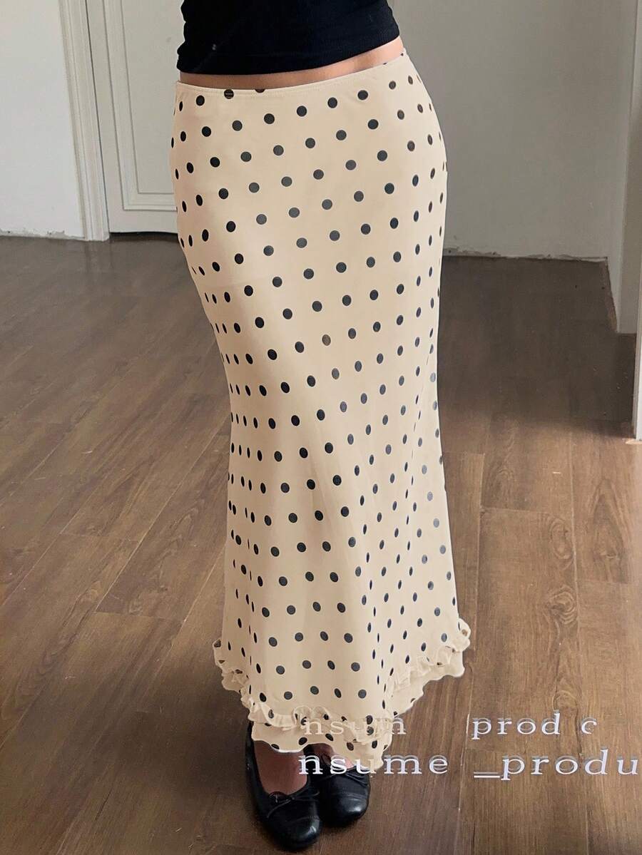 SHEIN EZwear 荷叶边波点印花修身优雅中长裙,夏季女装波点裙 波点长裙 波点鱼尾裙 波点长裙 - 杏色 - 查看 1