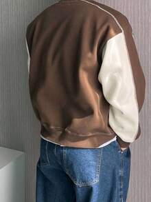 DAZY 男士圆领套头衫，棕色拼布撞色设计，秋冬 - 棕色 - 查看 2