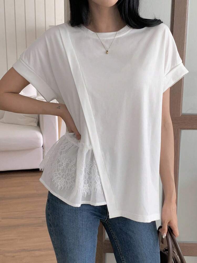 Women's Summer Round Neck Waist Lace Patchwork Casual Pullover Short Sleeve T-Shirt