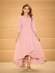 Tween Girls' Chiffon V-Neck Flare Sleeve Asymmetrical Hem Mid-Length Dress, Suitable For Flower Girl, Wedding, Prom, Birthday Party, Christmas, Halloween, Back To School, Graduation - Pink - View 7