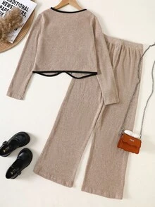 Elladie kids 2 件套青少年女孩罗纹针织 V 领上衣，不对称下摆和阔腿裤套装，休闲家居服优雅时尚装 - 卡其色 - 查看 2