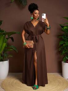 Veslaya Plus Size Solid Color Front Button Belted Short Sleeve Dress - Brown - View 10