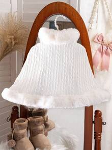 SHEIN Elladie kids 年轻女孩毛茸茸无袖披肩夹克，时尚优雅斗篷，冬季短款百搭外套 - 白色 - 查看 2