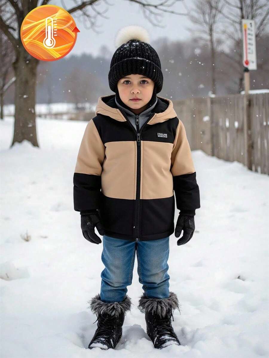 SHEIN 1pc Young Boy's Padded Winter Jacket, Ribbed Cuffs Design For Comfortable Fit, Cotton-Padded Lining For Softness, Suitable For Outdoor Activities, Daily Wear, Going To School, Hanging Out, Ice Skating, And More Fall