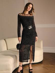 MOTF PREMIUM ZEBRA STRIPED SHEER MESH LACE PANEL SPLIT THIGH LONG DRESS WITHOUT BELT FOR AUTUMN & WINTER - Black - View 11