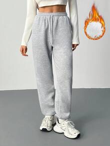 SHEIN Tall 女士休闲宽松口袋纯色针织裤 - 灰色 - 查看 1