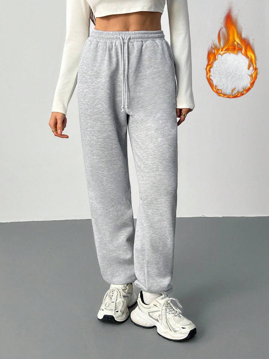 SHEIN Tall 女士休闲宽松口袋纯色针织裤 - 灰色 - 查看 1