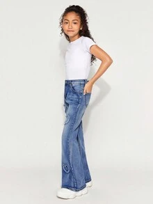 Radiana Tween Girls Y2K Fashion Stonewashed Heart Pattern High Waist Flare Leg Jeans, Girls Fall Clothes Streetwear Outfits - Medium Wash - View 3