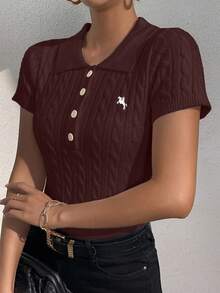 RosyDaze Blusa de punto de manga corta de unicolor y estilo minimalista, para uso diario - Café integral - Ver 5