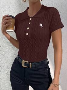 RosyDaze Blusa de punto de manga corta de unicolor y estilo minimalista, para uso diario - Café integral - Ver 6