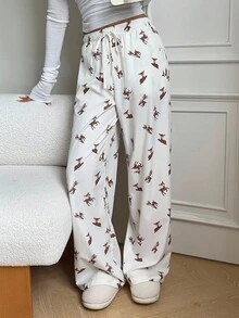 SHEIN EZwear 女士休闲冬季秋季女士圣诞服装鹿印花抽绳裤，舒适 100% 纯棉家居服 - 白色 - 查看 6