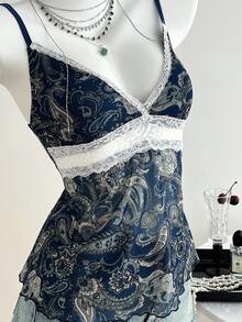 Elamini 复古粉色腰果花撞色蕾丝吊带背心，适合春夏季度假 - 藏蓝色 - 查看 6