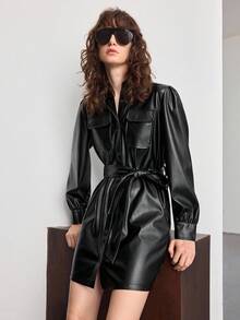 Ontre Black Autumn Chic Night Out Women's Elegant Leather Mini Dress Dress,Vintage Versatile Belt Waist Cinched Fit,Business Casual Office Commute Apparel - Black - View 2
