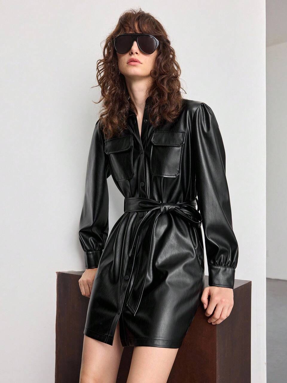 Black Autumn Chic Night Out Women's Elegant Leather Mini Skirt Dress,Vintage Versatile Belt Waist Cinched Fit,Business Casual Office Commute Apparel