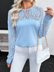 SHEIN Blusa holgada de cuello redondo con parches de encaje elegante y casual para mujeres - Azul - Ver 5
