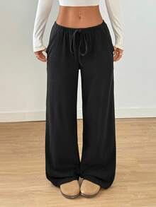 SHEIN PETITE 1pc Women's Black Thick Knit Elastic Waist Drawstring Pocket Casual Pants, Winter
