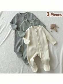 Loomiva Newborn Baby Boy/Girl 3-Piece Set: Soft Knit Solid Color Crew Neck Long Sleeve Jumpsuit Fall Winter - Multicolor - View 6