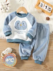 SHEIN 2pcs/Set Kids Baby Boy/Girl Cute Animal Cartoon Embroidered Raglan Sleeve Crew Neck Long Sleeve Top And Pants Cozy Plush Flannel Pajamas Set, Autumn/Winter - Multicolor - View 1