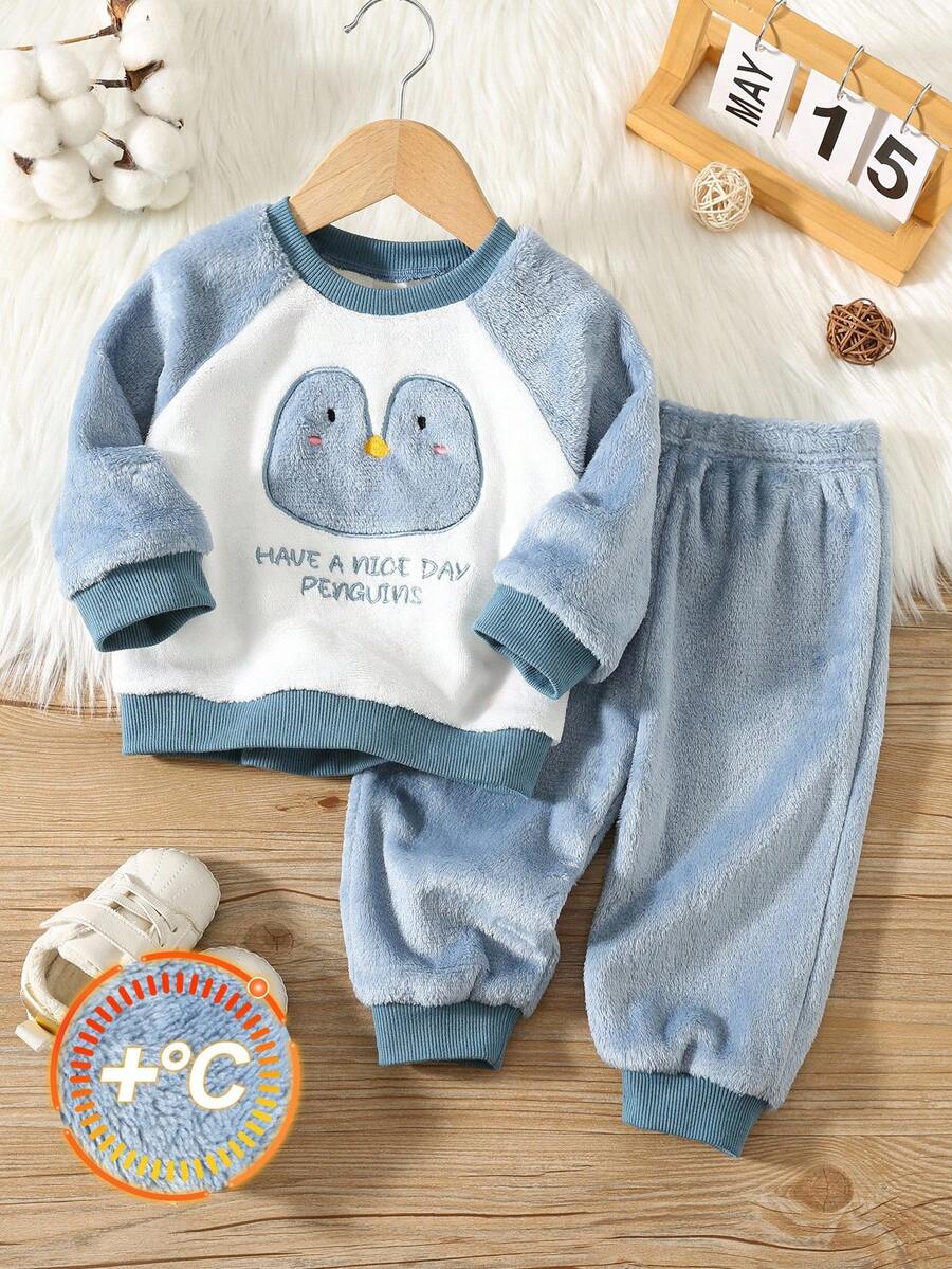 SHEIN 2pcs/Set Kids Baby Boy/Girl Cute Animal Cartoon Embroidered Raglan Sleeve Crew Neck Long Sleeve Top And Pants Cozy Plush Flannel Pajamas Set, Autumn/Winter - Multicolor - View 1