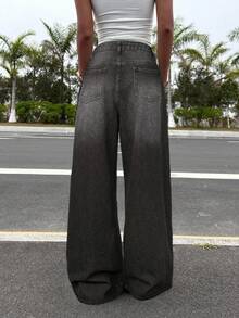 Muchica Quần jean ống rộng thường ngày cho nữ có đính đinh tán hình sao - Rửa trung bình - Xem 2