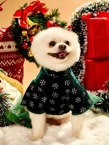 PETSIN 1pc Christmas Green Velvet Pet Dress – Snowflake & Silver Foil Splice, Mesh Bow Tie, Deer Decor, Luxurious Holiday Dog Outfit - Multicolor - View 2