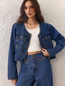 Selenza 女式休闲牛仔夹克，带缎带饰边，长袖，秋季 - 藍色 - 查看 7