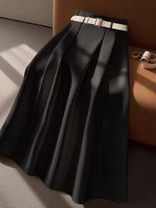 SHEIN PETITE Chân váy chữ A thanh lịch kiểu Pháp dành cho nữ, độc đáo và thời trang, mùa thu/đông - màu đen - Xem 1