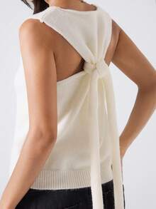 LYSMO 2025New Style Minimalist Women's Women's Solid Color Twist Back Design Sleeveless Casual Knit Top/Autumn/Autumn For Women/Women's Winter /Halloween Costume For Women/Halloween Shirt /Christmas Women's /Nightmare Before Christmas/Civil Wedding/Party/Punk Sweater - Cream - View 1