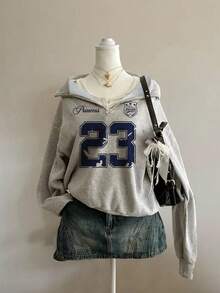 Attitoon 大码女式返校季23复古图案秋季度假宽松半拉链高领抓绒卫衣，适合秋冬季节穿着