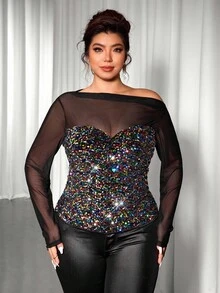 Cravure Áo thun tay dài lưới trong suốt đính sequin nhiều màu sắc thời trang mới dành cho nữ - Nhiều màu - Xem 6