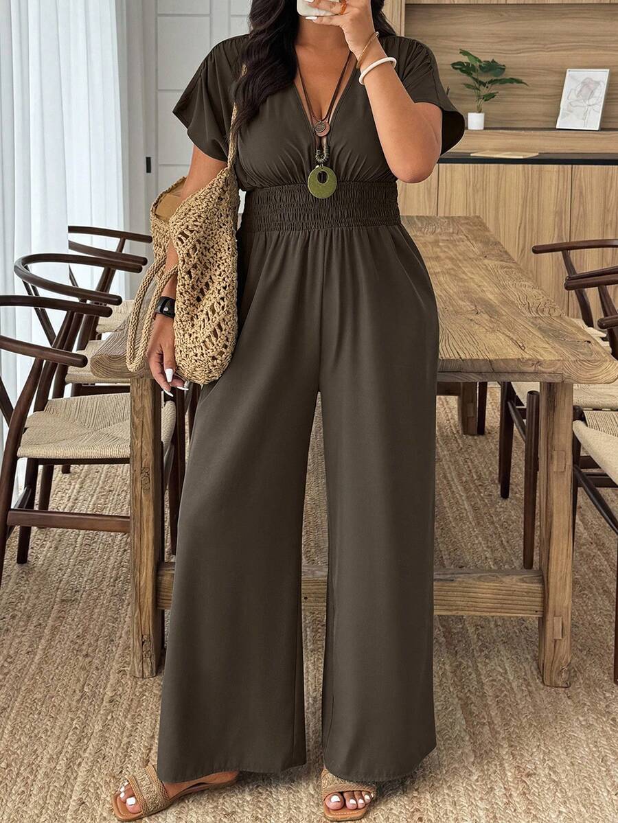 SHEIN PETITE CURVE 大码女式休闲纯色腰部收紧短袖连体裤 - 棕色 - 查看 1