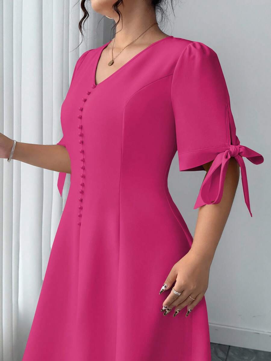 Elenzga Plus Size Solid Color V-Neck Bow Elegant Dress - Hot Pink - View 1