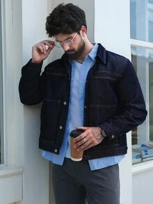 DAZY 男士纯蓝色水洗蓝牛仔短夹克，秋季 - 藍色 - 查看 5