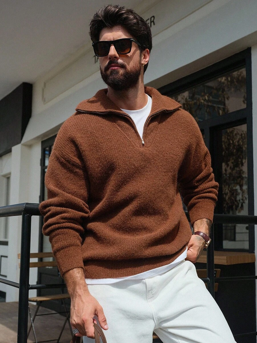 DAZY Men's Solid Brown Half-Zip Stand Collar Sweater, Autumn/Winter - Brown - View 1