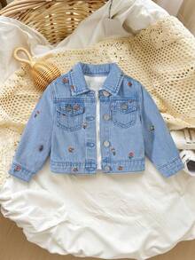 Áo khoác denim giặt màu xanh nhạt cho bé gái, áo khoác cardigan thêu hoa thường ngày cho bé gái, vải mềm mại và thoải mái, quà tặng lý tưởng, hoàn hảo cho ngày lễ và mặc ngoài trời - Rửa trung bình - Xem 7