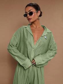 COSMINA Camisa casual de manga larga con botones delanteros de unicolor y corte holgado para mujer