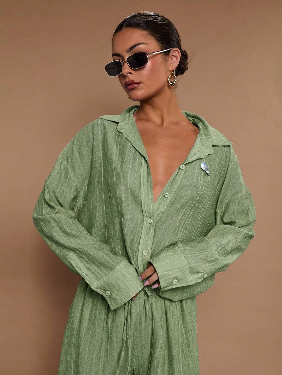 COSMINA Camisa casual de manga larga con botones delanteros de unicolor y corte holgado para mujer