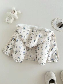 SHEIN 女婴连帽毛绒花卉外套，保暖加厚内衬飞行员夹克，韩版休闲百搭印花拉链外套，适合秋冬季日常穿着