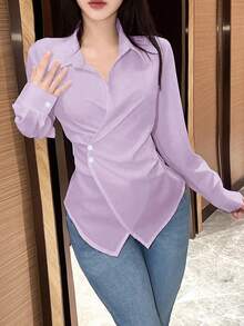 SHEIN LUNE 女士纯色不对称下摆交叉裹身优雅长袖女式衬衫 - 紫丁香色 - 查看 6