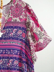 Rusticease Plus Size Country Boho Vacation Pastoral Comfortable Floral Positioning Flower Lotus Leaf Sleeve V-Neck Fitted Knee-Length Dress Suitable For Spring And Summer Wear Women Plus Sun Dress Women Summer Clothing Vacation Outfits Beach Outfits For Woman  Beach Vacation Outfits Beach Dress,Sundress Vacation Dress,Summer Dresses For Women,Dresses Casual - Hot Pink - View 5