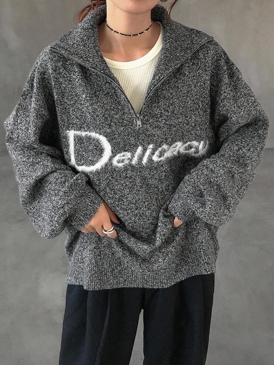 FRIFUL Women's Half-Zip Polo Collar Letter Print Contrast Color Loose Thick Fleece Sweater - Grey - View 1