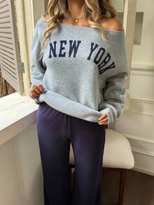 SHEIN Teen Girls Off-Shoulder Letter Print Sweatshirt And Flare Leg Pants Set, Autumn/Winter Outfit Fall - Multicolor - View 7