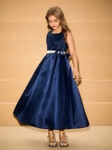 Vestido elegante de niña con lazo de lentejuelas de satén para Navidad, fiesta, boda y ocasiones formales - Azul - Ver 4