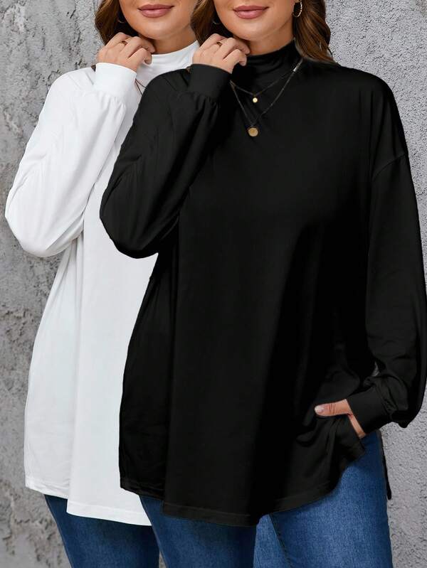 SHEIN LUNE 2pcs Plus Size High Neck Loose Fit Long Sleeve Black & White T-Shirt Set, Suitable For Autumn/Winter