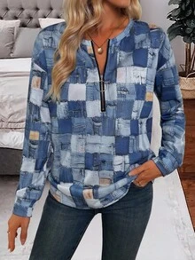 SHEIN Sudadera de mujer de manga larga con cuello redondo, media cremallera y patrón asimétrico, elegante y casual - Multicolor - Ver 4