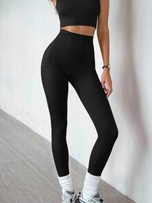 Easithlete 1 pieza Leggings de cintura alta sin costuras de punto negro para mujer, elásticos y cómodos, con un ajuste favorecedor para yoga, pilates, correr, ciclismo, fitness, uso al aire libre y casual