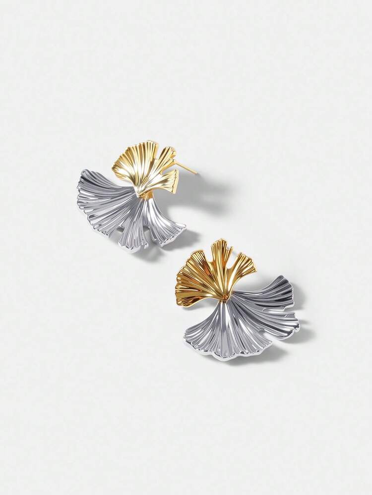 DUAL-TONE METALLIC TEXTURE ALMOND LEAF UNIQUE DESIGN EARRINGS